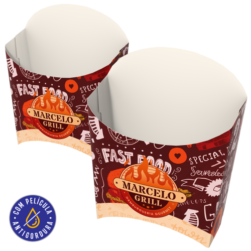 Embalagem de Batata Pequeno Papel Alimentício 270g com Película Antigordura Personalizável 8,9x4x12,5cm