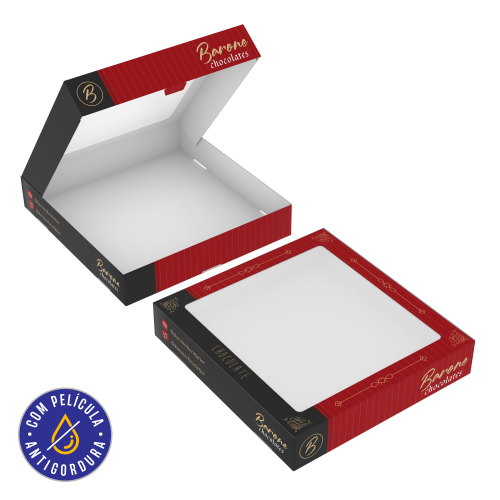 Caixa com Visor Papel Alimentício 270g com Película Antigordura Personalizável 20x21x3,8cm