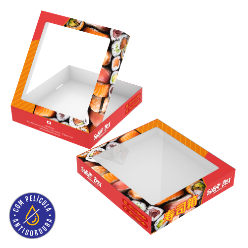 Caixa Multiuso com Visor Papel Alimentício 270g com Película Antigordura Personalizável 20x21x3,8cm