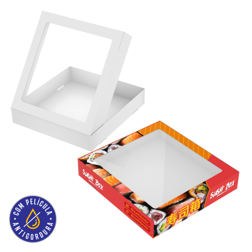 Embalagem para Sushi | Sashimi | Combinados Papel Alimentício 270g com Película Antigordura 20x21x3,8cm