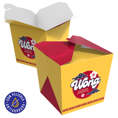 Embalagem para Yakissoba com Encaixe Papel Alimentício 270g com Película Antigordura Personalizável 8x8x10cm
