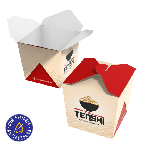 Embalagem para Yakissoba com Encaixe Papel Alimentício 270g com Película Antigordura Personalizável 7x7x8cm