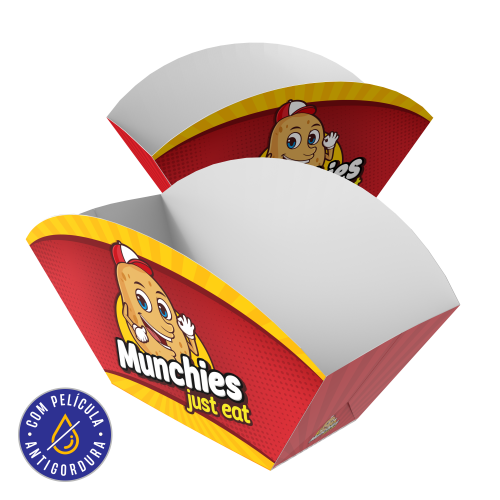 Embalagem para Batata Recheada Papel Alimentício 270g com Película Antigordura Personalizável 7,5x6x8cm