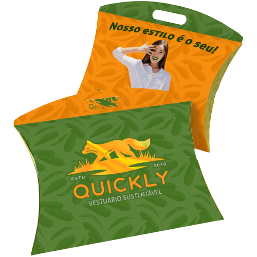 Caixa Travesseiro Média Couchê 300g Laminação Fosca e Hot Stamping