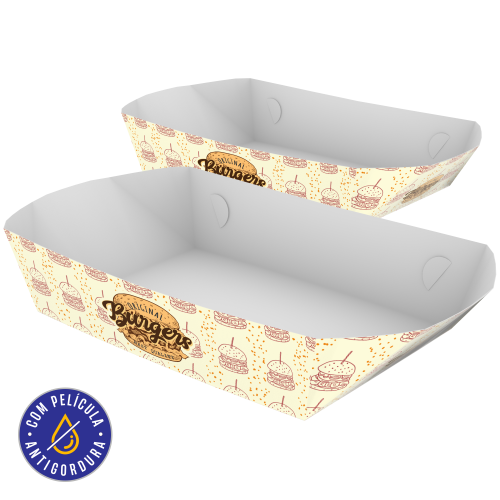 Bandeja Multiuso Papel Alimentício 270g com Película Antigordura Personalizável 19,5x13x6,5cm