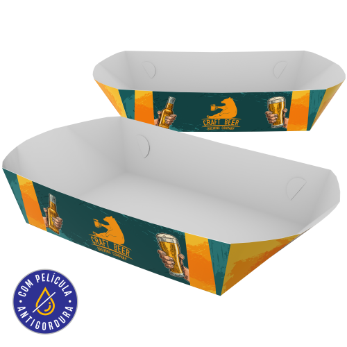 Bandeja Multiuso Papel Alimentício 270g com Película Antigordura Personalizável 17x11,5x5,7cm